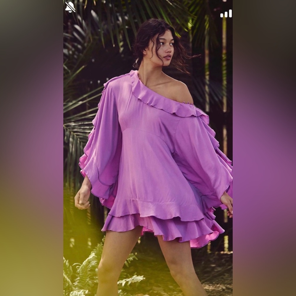 Free People Lavender One-Shoulder Ruffle Mini Dress